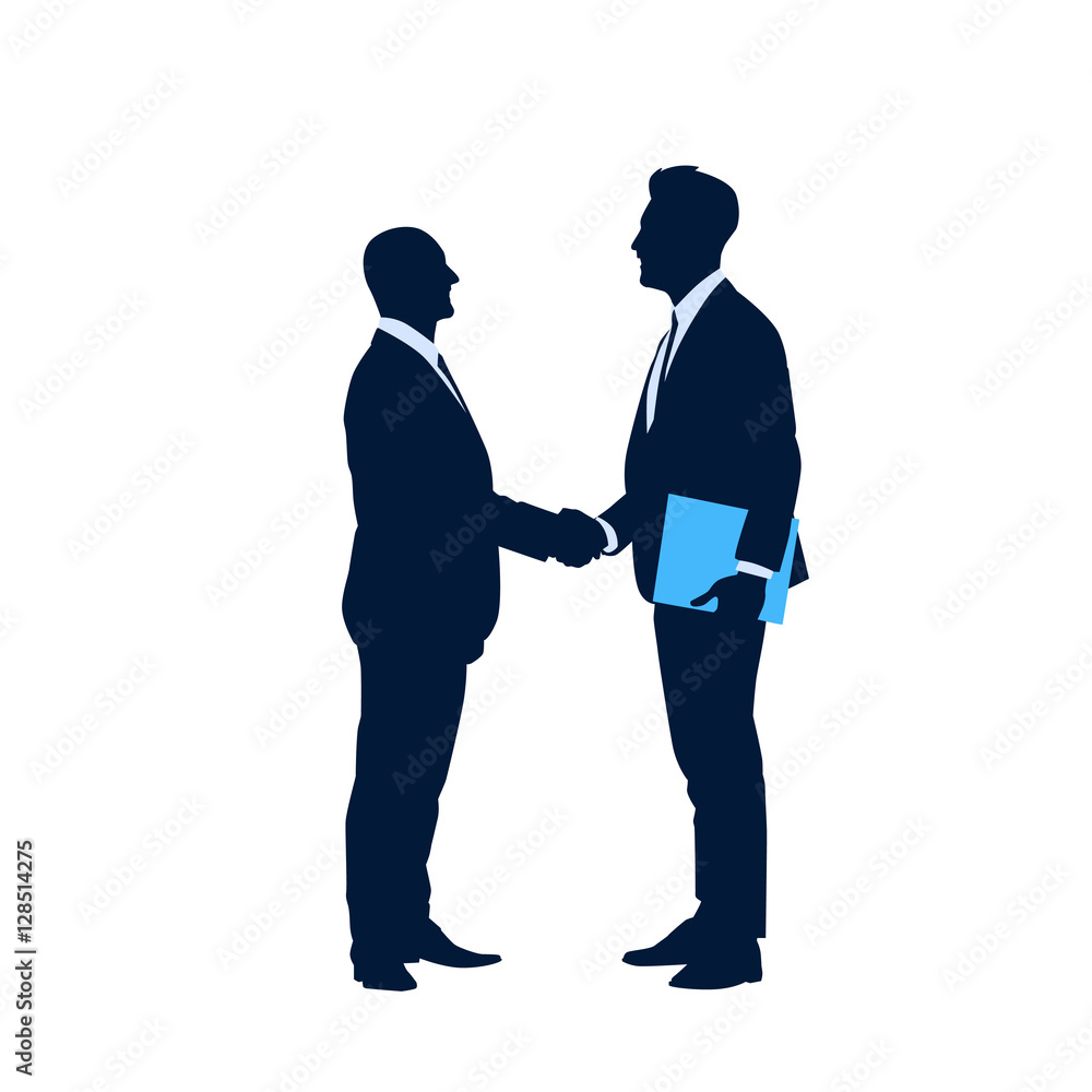 Two Silhouette Businessman Hand Shake, Business Man Handshake Agreement Concept Flat Vector Illustration