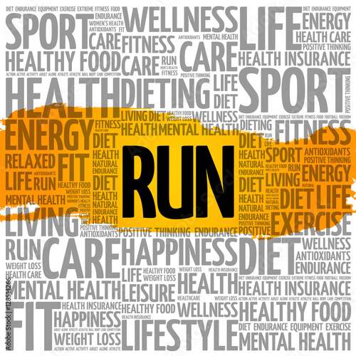 RUN word cloud collage, health concept background