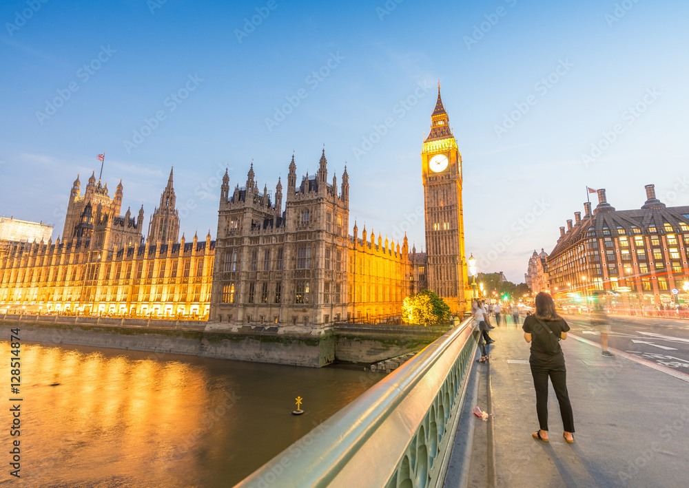 Sunset view of Westminster Bridge and Palace, London