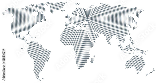 World map radial dot pattern. Gray dots going from the center outwards and form the silhouette of the surface of the Earth under the Robinson projection. Illustration on white background. Vector.