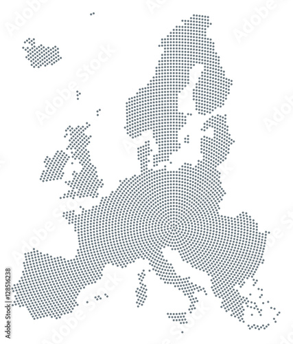 Europe map radial dot pattern. Gray dots going from the center outwards and form the silhouette of the European Union area. Illustration on white background. Vector.
