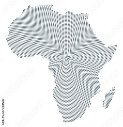Africa map radial dot pattern. Gray dots going from the center outwards forming the silhouette of the African continent with Sinai peninsula and Madagascar. Illustration on white background. Vector.