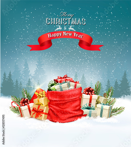 Holiday Christmas background with a sack full of gift boxes. Vec