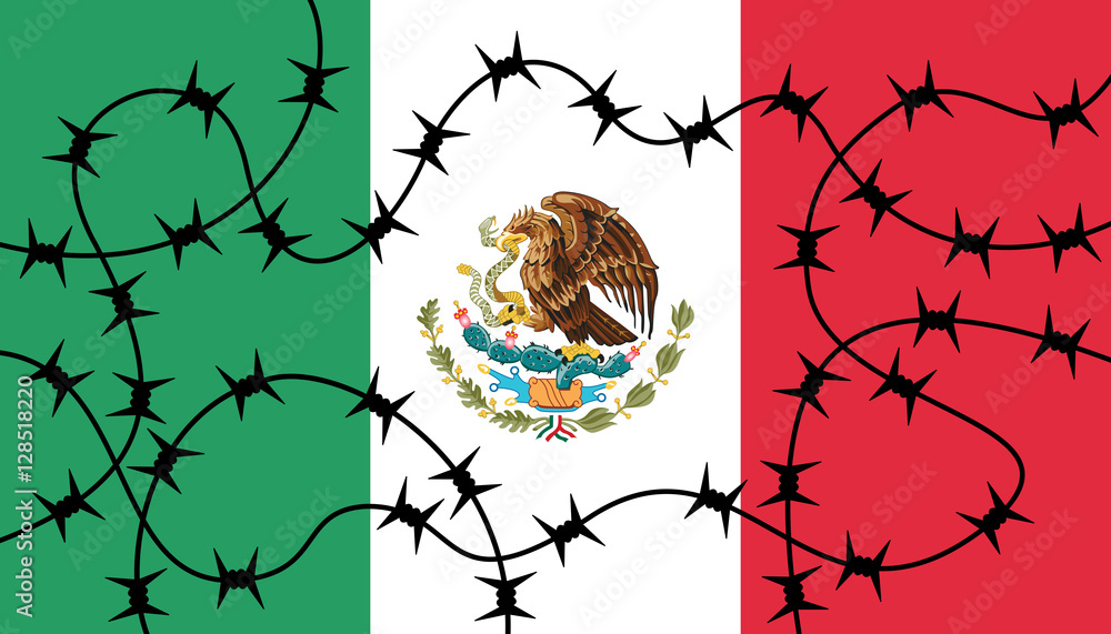 Vetor do Stock Mexican flag with barbed wire as metaphor of closing borders between Mexico and