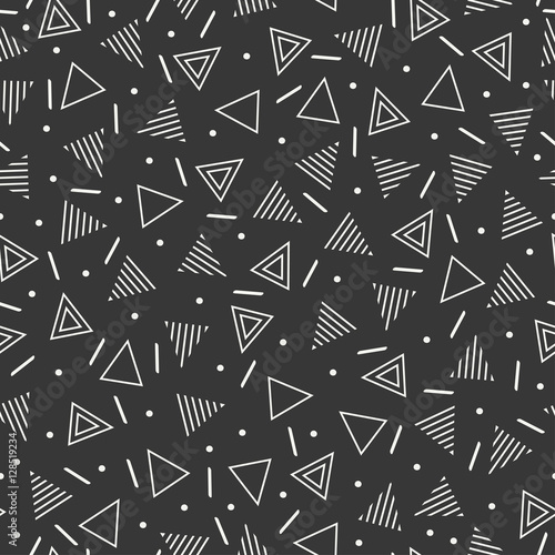 Retro memphis geometric line shapes seamless patterns. Hipster fashion 80-90s. Abstract jumble textures. Black and white. Triangle. Memphis style for printing, website, fabric design, poster, cards