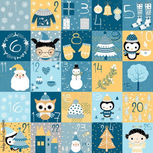 Christmas advent calendar, Countdown to Christmas in blue colors