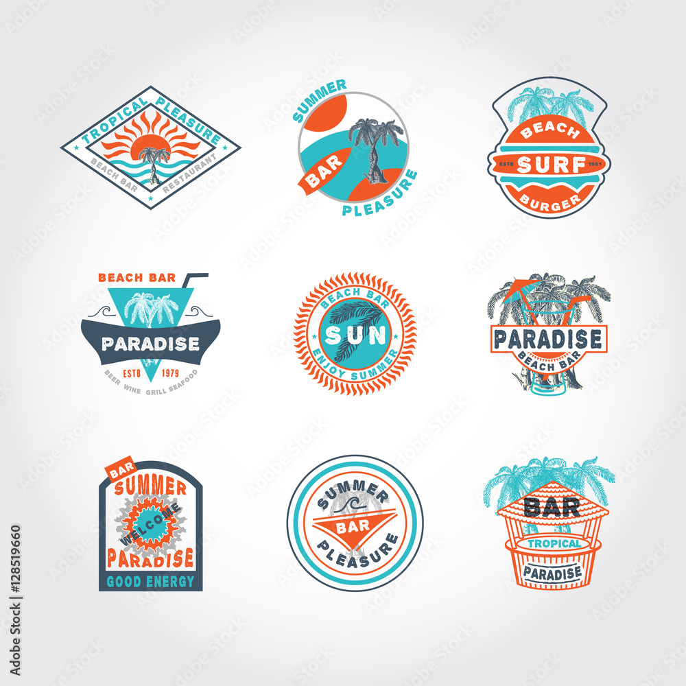 Set concept badge icon on the basis of a palm tree drawn by hand. Vector illustration, template for graphic design logos emblems labels for beach bars, restaurants, cafe and other business