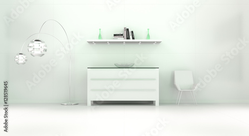 Modern white green interior with chest of drawers and shelve 3D