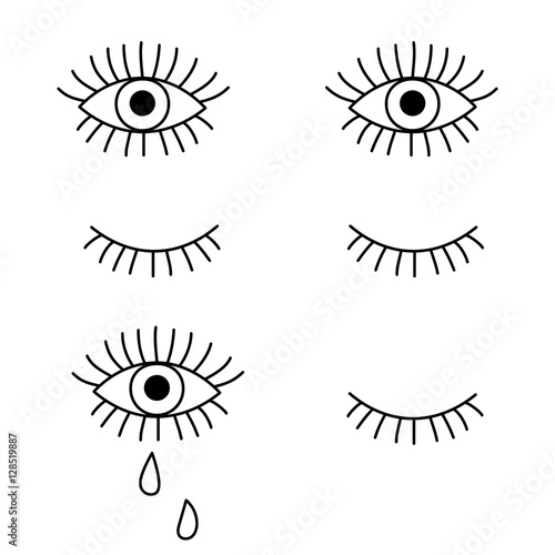 Closed eyes, open eyes, crying. Fashion design set. 