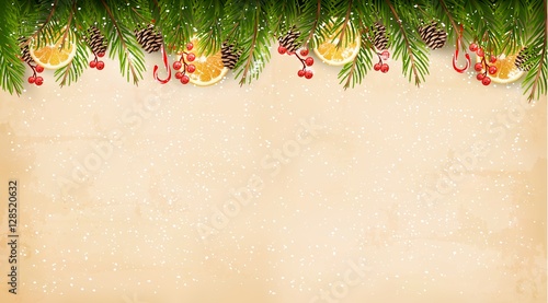Christmas decoration on old paper background. Vector.