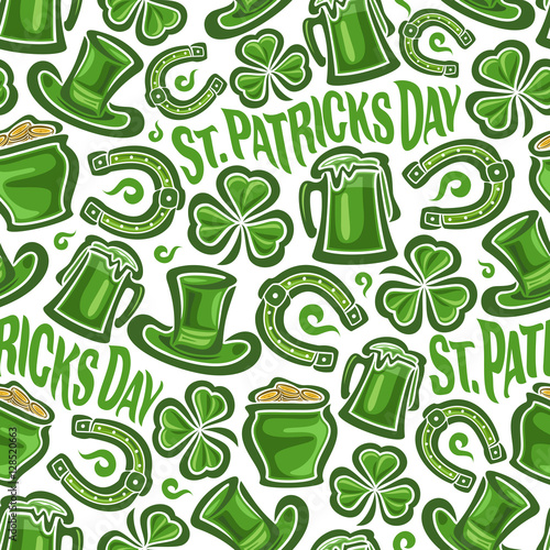 Vector Seamless Pattern on St. Patrick's Day theme, Green leprechaun hat, lucky horseshoe, magic clover, pot with golden coins on white background, green wrapping paper pattern, greeting wallpaper art