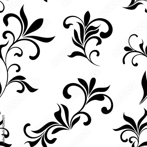 Seamless pattern with black flowers on a white background