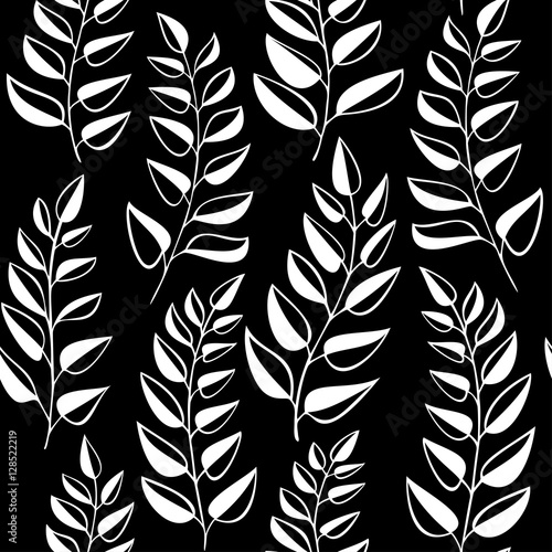 Seamless pattern with white leaves on black background