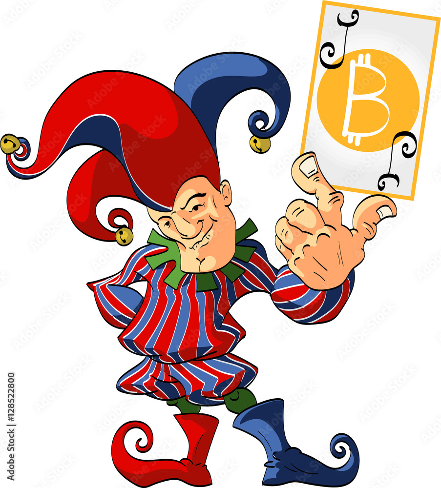 Fotomural Colorful vector illustration of a Joker, holding a winning bitcoin card