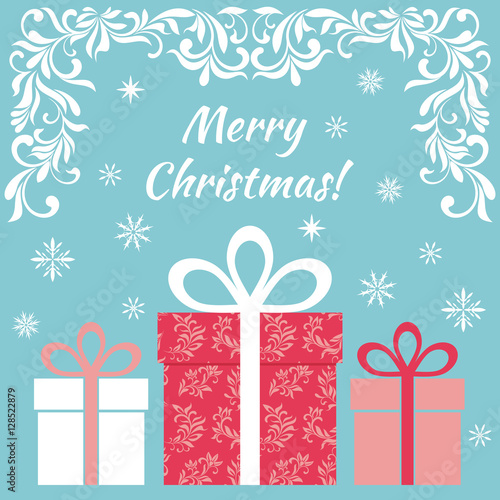 Card - Merry Christmas! Gifts in a festive box with ribbons on a blue background