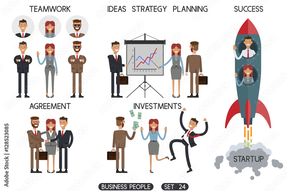 Startup  technology business concept web infographic vector illustration, Business people set 24. Businessman on a rocket