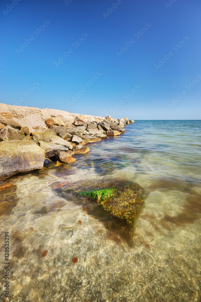 Beautiful seascape. beautiful seashore. Stones on coast. Nature composition