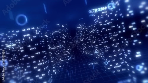 Wallpaper Mural 3D financial city flight animation, seamless loop. Blue theme. Torontodigital.ca
