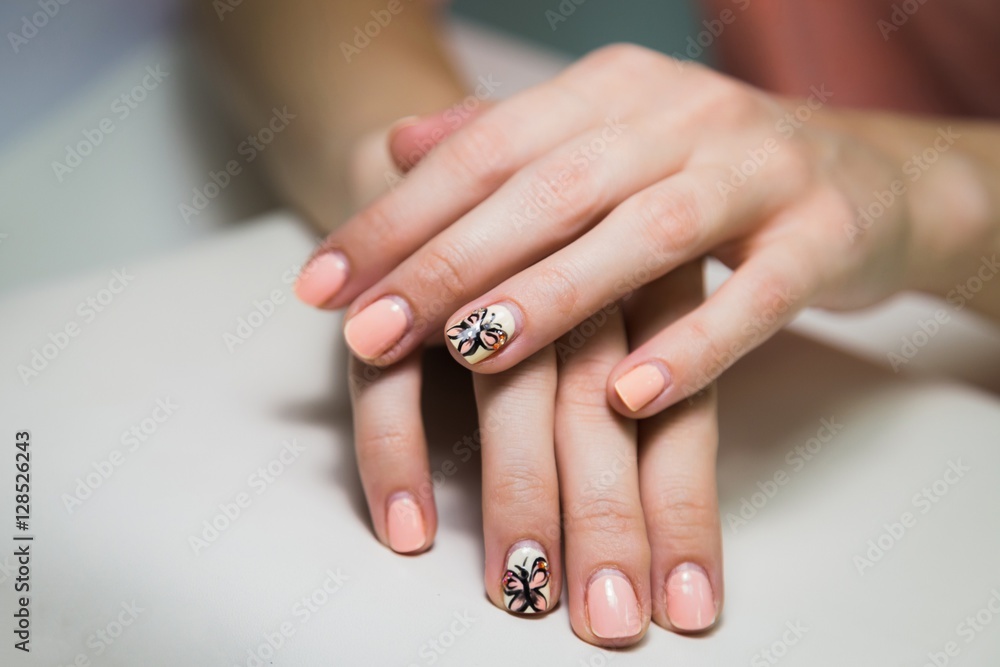 Hands with two week manicure. Before hardware manicure in salon