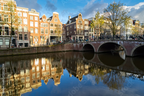 Dutch scenery with canal and mirror reflections at spring  Amstardam  Netherlands  toned