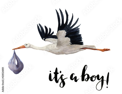 Watercolor hand painted flying white stork with girl baby. Hand painted ciconia bird illustration isolated on white background. For design, prints or background