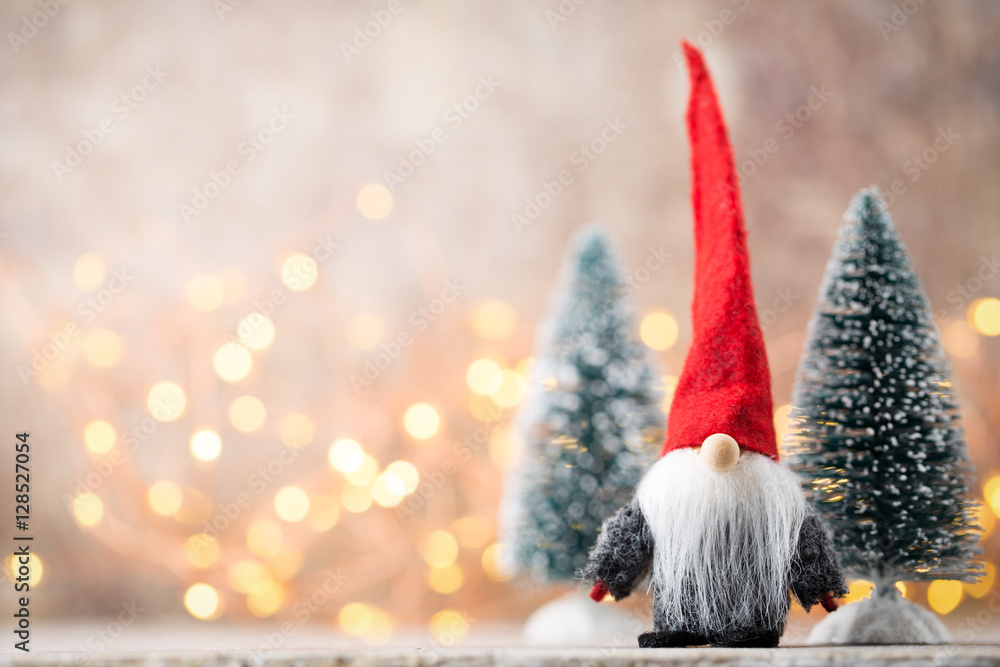 Christmas greeting card. Gnome festive background. New year symb Christmas greeting card. Gnome festive background. New year symb