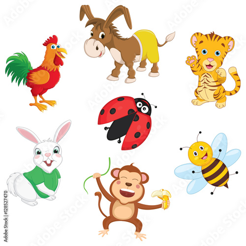 Vector Illustration Of Cartoon Animals, ladybug, rabbit, monkey, bee