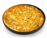 frittata with leek and pumpkin isolated on white in a pan