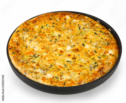 frittata with leek and pumpkin isolated on white in a pan