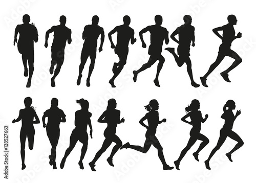 Set of silhouettes of running men and women