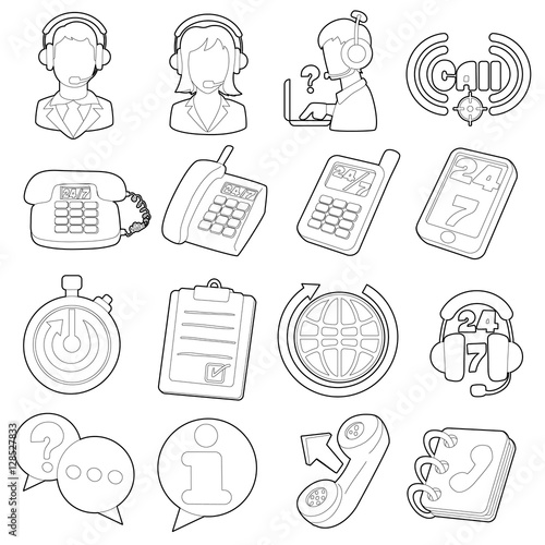 Call center items icons set. Outline cartoon illustration of 16 call center items vector icons for web