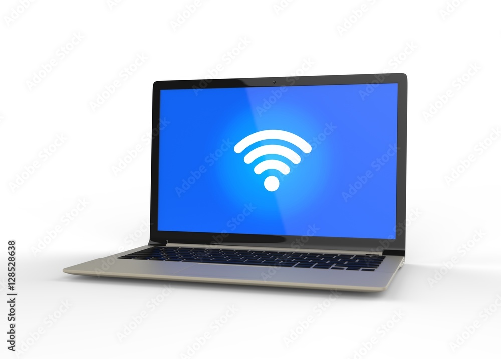 3D Isolated Blue Wifi Laptop Wireless Internet. Connection Onlin 3D Isolated Blue Wifi Laptop Wireless Internet. Connection Onlin