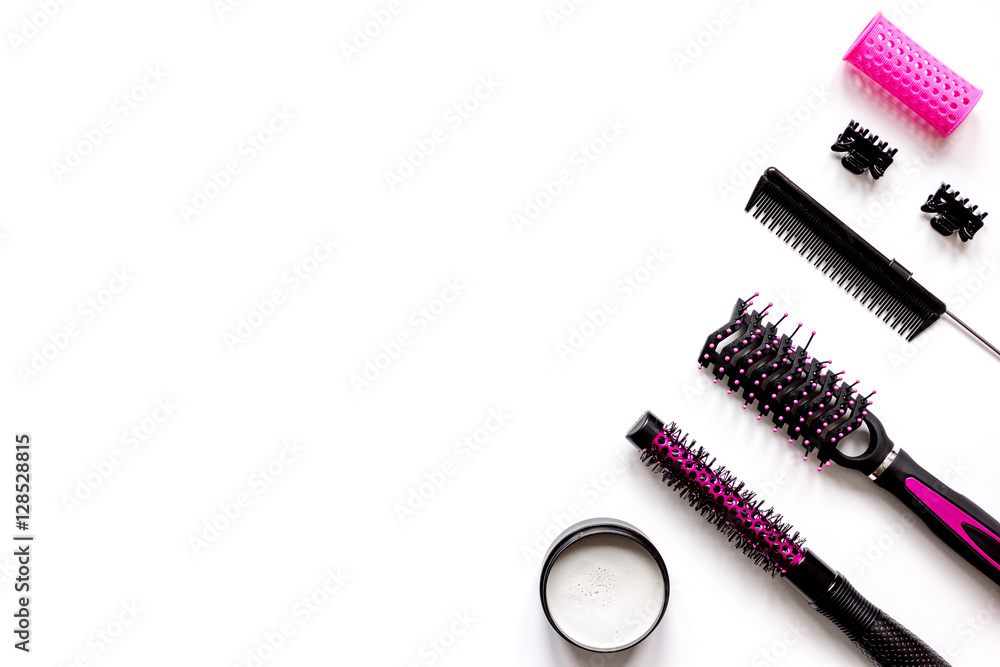 Tools for hair styling on white background top view Tools for hair styling on white background top view