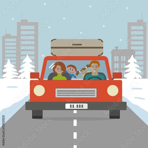 Family goes on vacation. There is a mother and a father with children in a red car on the background of a winter landscape in the picture. Vector illustration.