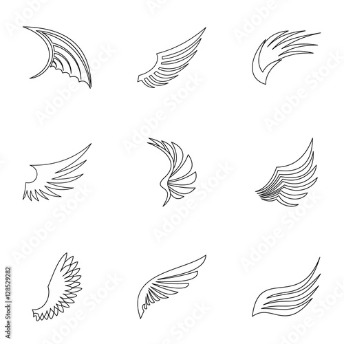 Feather wings icons set. Outline illustration of 9 feather wings vector icons for web