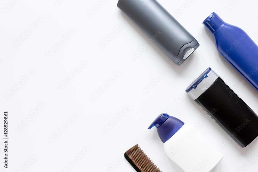 cosmetics for men in bottle on white background top view cosmetics for men in bottle on white background top view