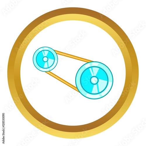 Timing belt vector icon in golden circle, cartoon style isolated on white background