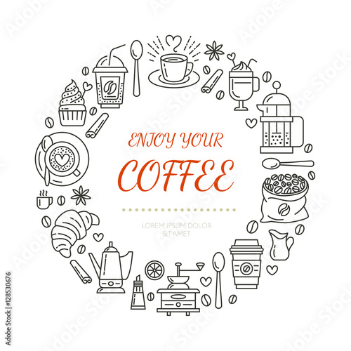 Coffee shop poster template. Vector line illustration of coffeemaking equipment. Elements - espresso cup, french press, croissant, hot drinks, cupcake, grinder. Cafe, bar banner design