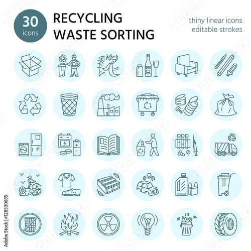 Modern vector line icon of waste sorting, recycling. Garbage collection. Recyclable waste - paper, glass, plastic, metal. Linear pictogram with editable stroke for poster, brochure of waste management