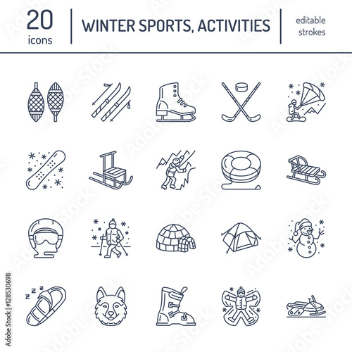 Cute thin line icons of winter sports. Outdoor activities vector elements - snowboard, hockey sled, skates, snow tubing, ice kiting. Linear pictogram with editable stroke for equipment rent ski resort