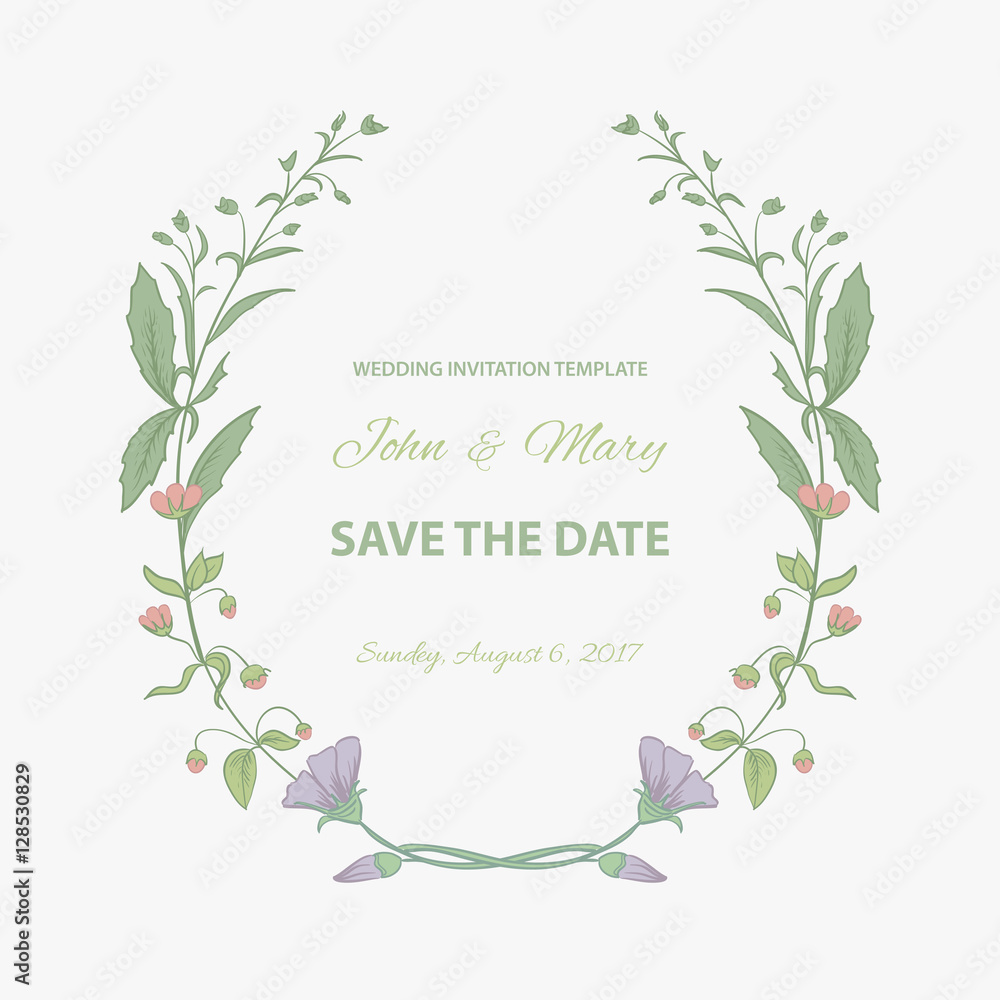 Wedding Invitation template. Vintage frame with wildflowers.