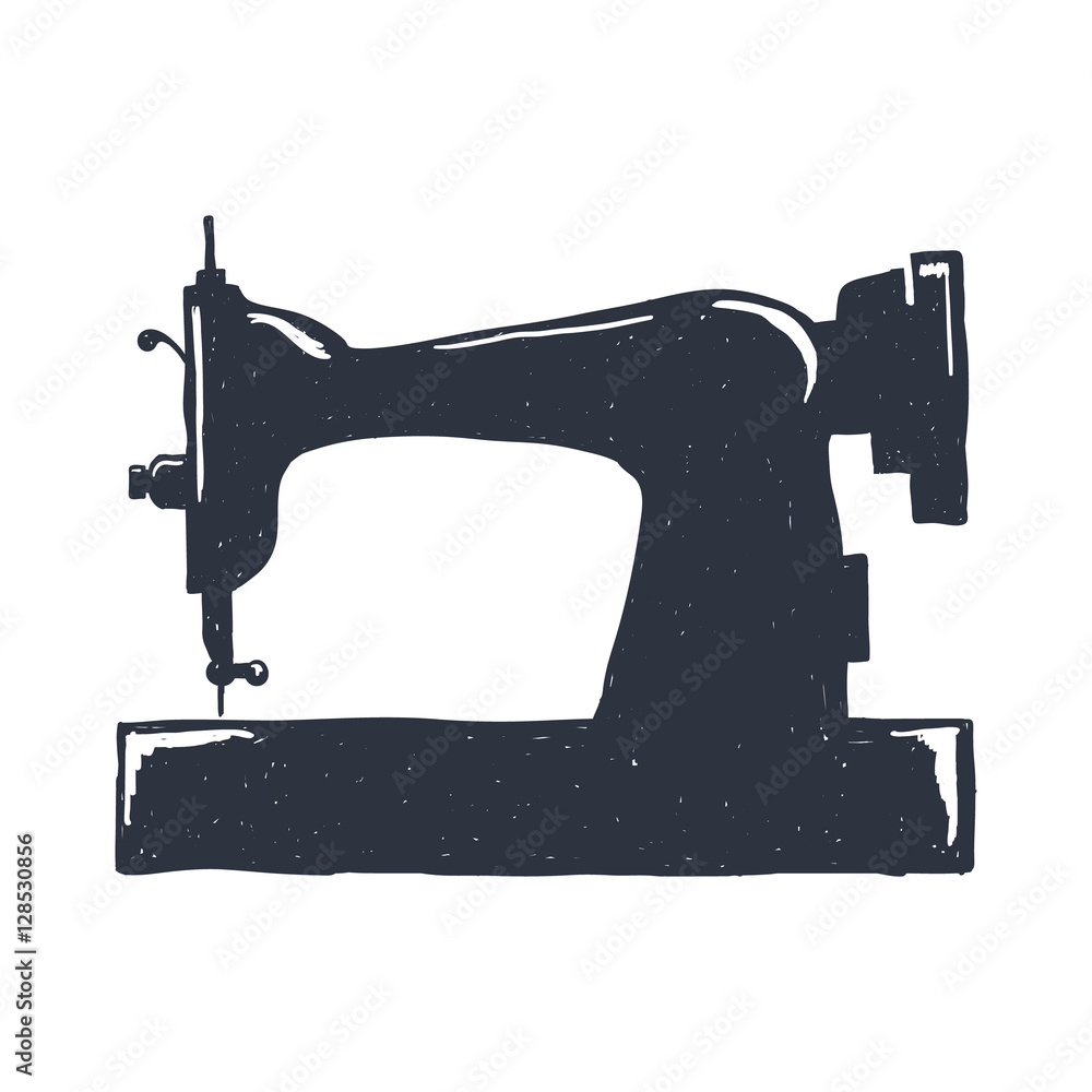 Hand Drawn Sewing Machine Sketch Symbol isolated on white background.  Vector Sewing elements In Trendy Style. Stock Vector