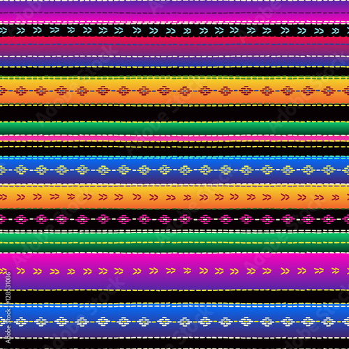 Seamless ethnic mexican fabric pattern with colorful stripes. Repeat straight blue, red, green, yellow, black, violet stripes texture background, vector.