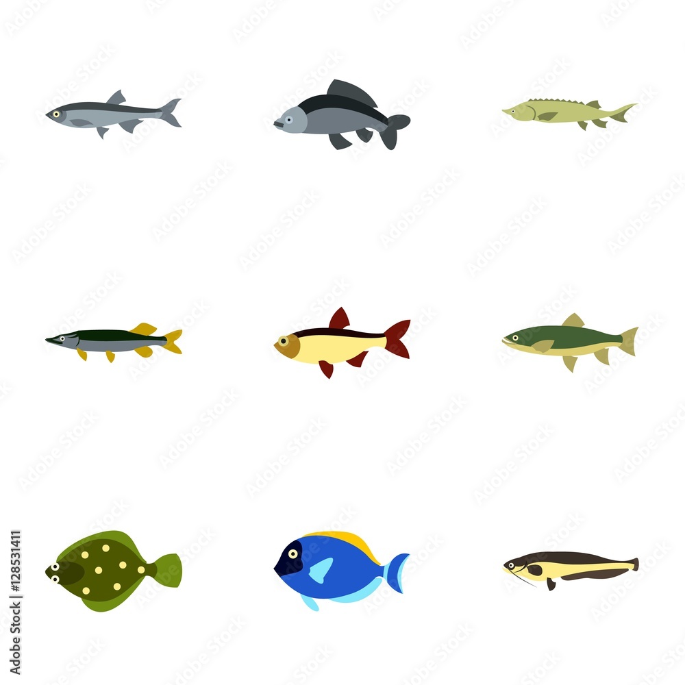 Marine fish icons set. Flat illustration of 9 marine fish vector icons for web Marine fish icons set. Flat illustration of 9 marine fish vector icons for web