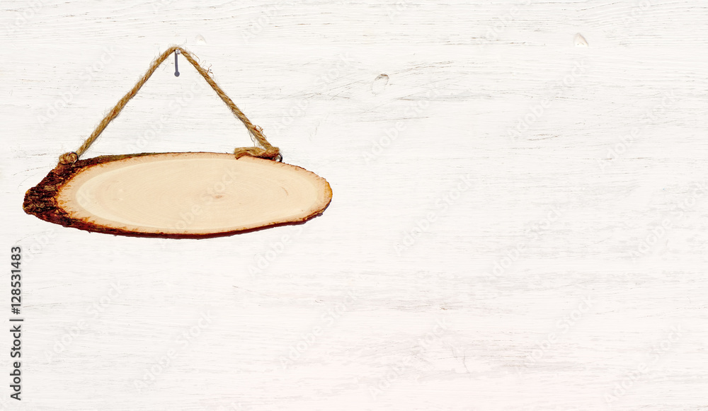 Wooden sign board blank frame on old white wood background Stock Photo