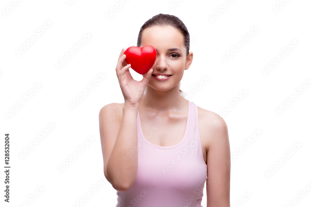 Young woman with red heart isolated on white Young woman with red heart isolated on white