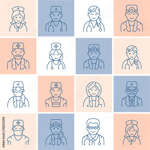 Cute vector line icon of doctor. Hospital, clinic linear logo. Outline doctor sign - surgeon, cardiologist, dentist, therapist, physician, nurse. Design element for site, medical business logotype