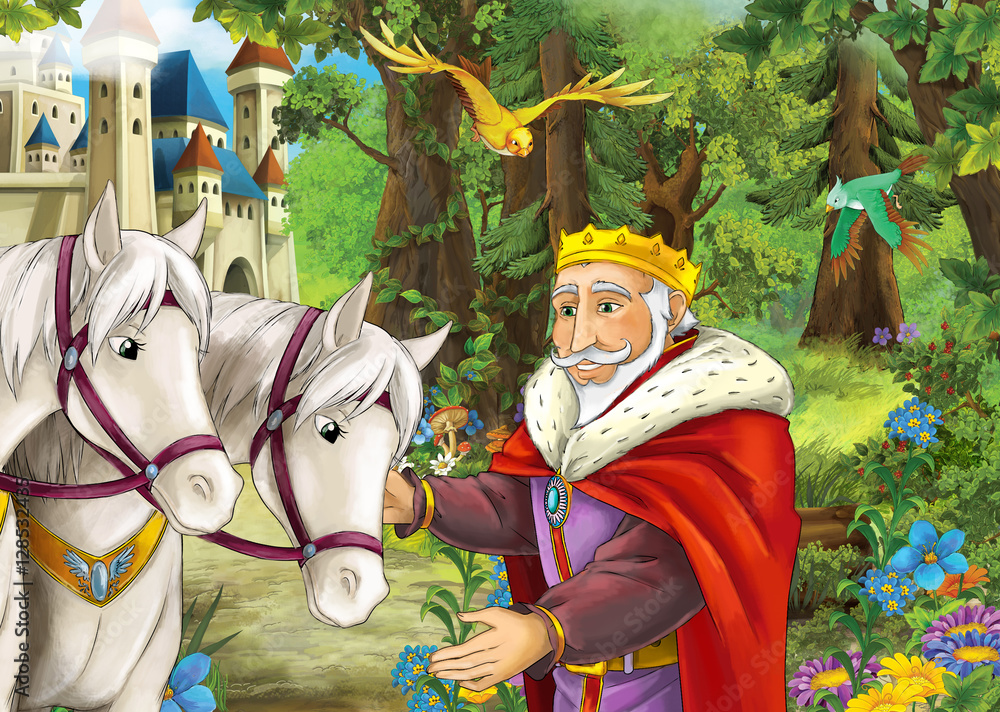 Cartoon happy and funny scene with couple of horses near the path to the forest - some traveler - prince - flying birds - nature scene - beautiful manga girl - illustration for children