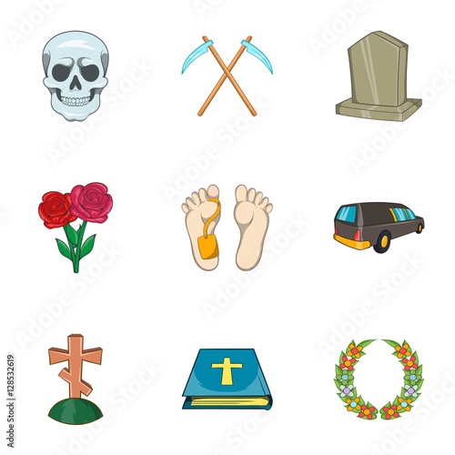 Funeral services icons set. Cartoon illustration of 9 funeral services vector icons for web