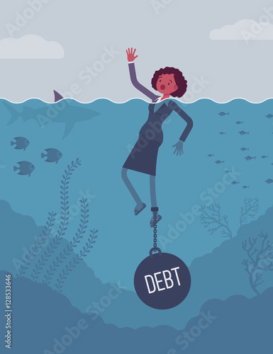 Businesswoman drowning chained with a weight Debt